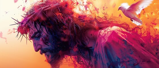 Jesus Christ with crown of thorns and dove