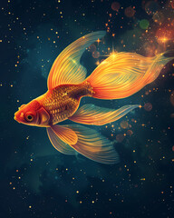Celestial Goldfish Gliding Through Starry Cosmos, A Fantastical Merge of Aquatic Grace and Space Wonder