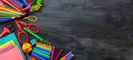 school supplies on black chalkboard background with copy space,