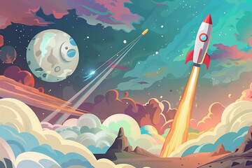 Vibrant Rocket Launch Scene Illustration, Galactic Exploration, A Journey Beyond the Stars