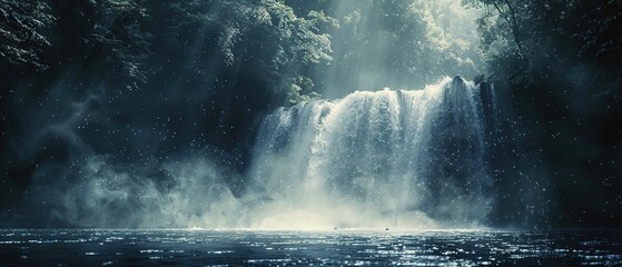 Waterfall in deep forest. Panoramic view of waterfall in deep forest - obrazy, fototapety, plakaty