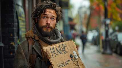 An handosme IT-guy faced guy with a dirty beard and good looking hair, begging on the street with cubblestone,generative ai