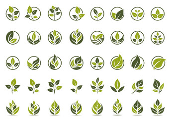 eco and organic icon set. green plant and leaves conceptual illustrations. isolated vector images in flat design - obrazy, fototapety, plakaty
