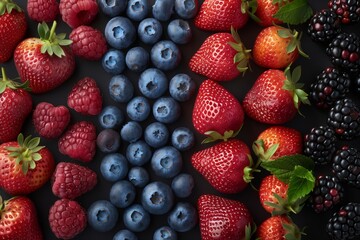 Variety of berries, strawberries, blueberries, raspberries, and blackberries, displayed in a...