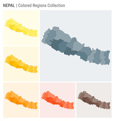 Nepal map collection. Country shape with colored regions. Blue Grey, Yellow, Amber, Orange, Deep Orange, Brown color palettes. Border of Nepal with provinces for your infographic. Vector illustration.