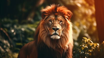 Obraz premium Close up of face Lion in forest. Wild animal lion. King of the forest, strong, formidable 