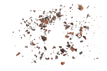 Charred paper scraps flying, scattered isolated on white texture, clipping
