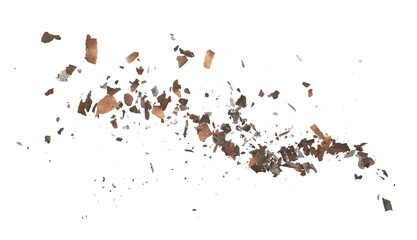 Charred paper scraps flying, scattered isolated on white texture, clipping
