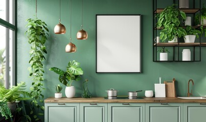 Mock up poster frame in kitchen interior on empty green color wall background. Mockup frame