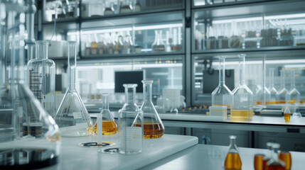 A modern food chemistry laboratory with analytical instruments and testing equipment, momentarily still but ready to analyze the chemical composition of food samples