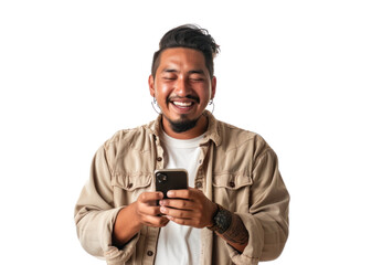 Native American Man Smiling with Smartphone
