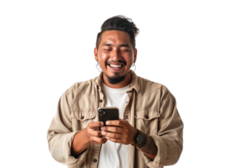 Native American Man Smiling with Smartphone