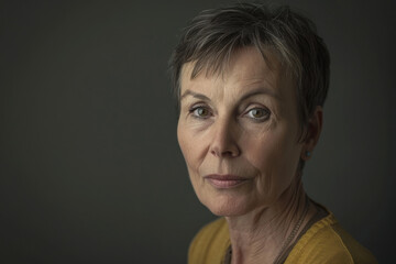 A close up of a woman 's face with a yellow shirt on