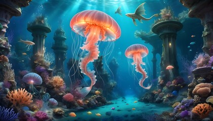 A Photorealistic Enchanted Underwater Kingdom Wit - obrazy, fototapety, plakaty