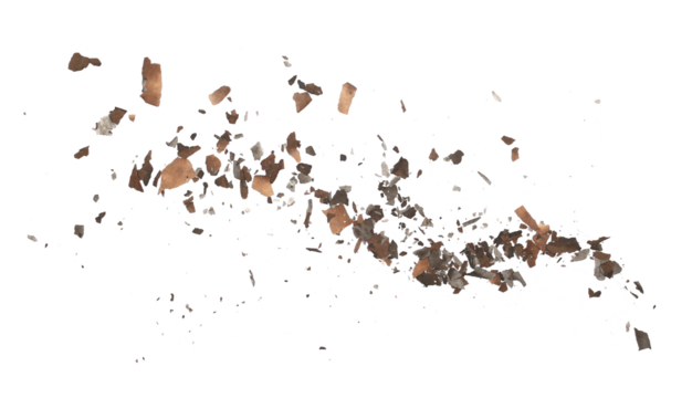 Charred paper scraps flying, scattered isolated on white texture, clipping
