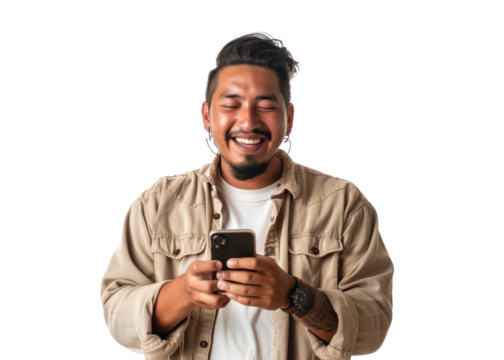 Native American Man Smiling with Smartphone