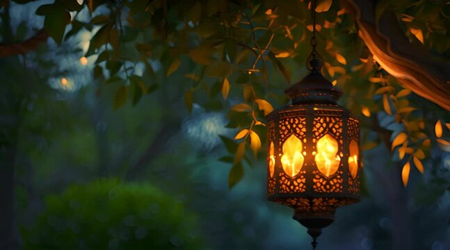 Ramadan lantern with bokeh leaves background