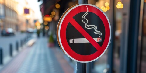 No Smoking sign against the background of a street landscape.
Concept: health and safety, public campaigns against smoke, restrictions in public places, promotion of smoke-free zones and anti-tobacco 