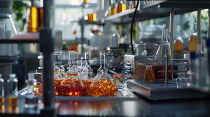 A modern food chemistry laboratory with analytical instruments and testing equipment, momentarily still but ready to analyze the chemical composition of food samples