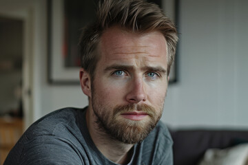 A man with a beard and blue eyes looks at the camera