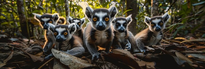 Naklejka premium Curious lemurs in madagascar rainforest, expressive faces striped tails in wide angle composition