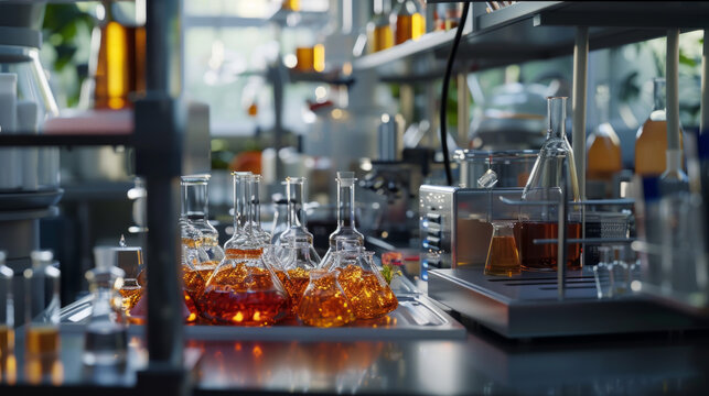 A modern food chemistry laboratory with analytical instruments and testing equipment, momentarily still but ready to analyze the chemical composition of food samples