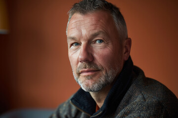 Obraz premium A man with a beard and blue eyes looks at the camera