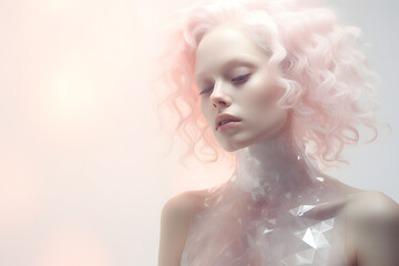Fashion art portrait of beautiful woman with pink hair  dressed in a futuristic style clothes of plastic