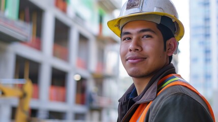 A Latino man wearing a hard hat stands in front of a construction site