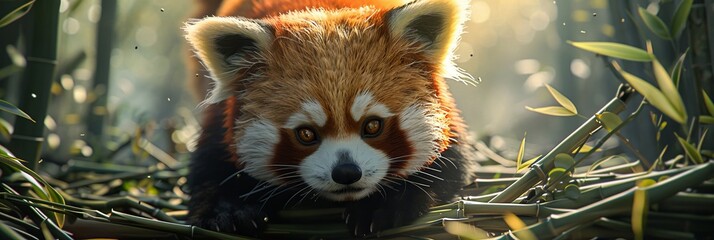 Red panda in moonlit bamboo forest, capturing the enchanting charm of the beloved himalayan creature