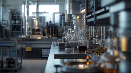 A bustling chemical analytical testing laboratory with advanced analytical instruments and validation equipment, momentarily quiet but ready to analyze chemical samples for quality control