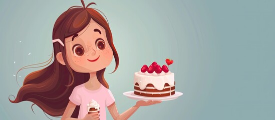 Obraz premium A cartoon girl is happily holding a pink ice cream cone and a beautifully decorated cake. She is smiling and appears to be enjoying the food