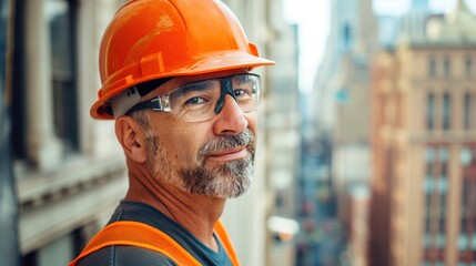 A man wearing a hard hat and safety glasses