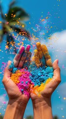 Celebratory Hands Tossing Colorful Holi Powder Upward