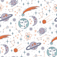 Cute seamless pattern with astronomy symbols for kids. Outer space colorful background. International day of human space flight. Doodle style vector illustration. - obrazy, fototapety, plakaty