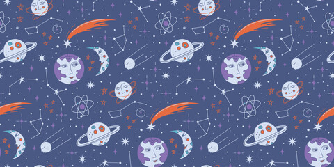 Seamless pattern with astronomy symbols. Outer space retro background.  International day of human space flight. Doodle style vector illustration.

