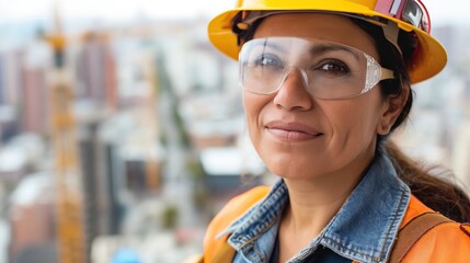 Hispanic female worker in protective gear with hard hat and safety glasses