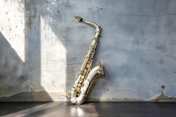 Naklejka premium Solitary saxophone stands against wall, evoking a sense of nostalgic solitude, awaiting the touch of a musician to bring its melody to life in a space that whispers tales of jazz and blues