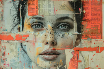 Modern pop art collage of woman with torn edges of paper. Female contemporary abstract poster