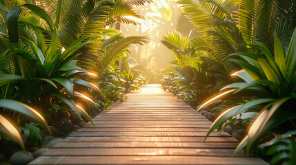 A mysterious path through an exotic jungle, inviting exploration and adventure. - obrazy, fototapety, plakaty