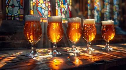 Assorted Craft Beers in Elegant Glasses, Sunlight Through Stained Glass Window