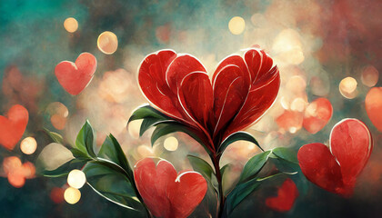 illustration d'une fleur rouge en forme de coeur en effet peinture aquarelle sur un fond multicolore avec des ronds et des coeurs en effet bokeh