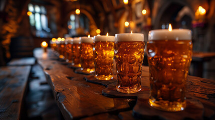 Golden Beer Glasses Lined Up in Traditional Pub, Medieval Ambience
