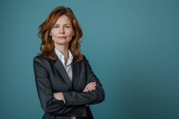 A woman in a suit stands with her arms crossed