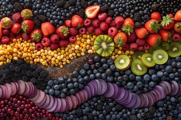 Colorful array of assorted fruits arranged in a wavy formation, illustrating the natural charm and diversity of fruits. - obrazy, fototapety, plakaty