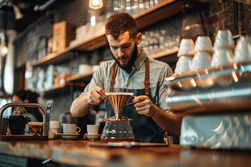 A man is making coffee in a coffee shop - obrazy, fototapety, plakaty