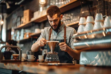 Foto op Plexiglas A man is making coffee in a coffee shop © mila103