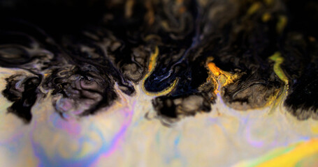 Paint splash. Glitter liquid spill. Defocused black white color holographic shimmering gold particles emulsion fluid pigment leak abstract art background. - 779127216