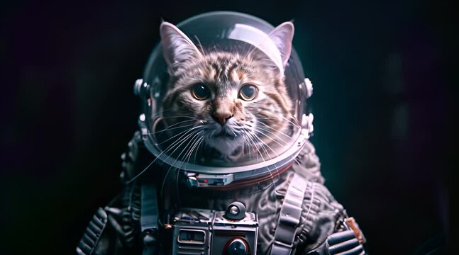 cat wearing astronaut suit on black background