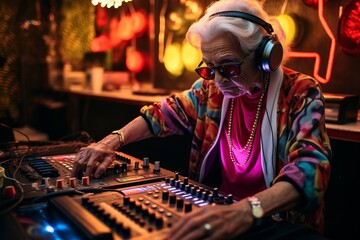 Amazing grandma DJ, older lady djing and partying in a disco setting